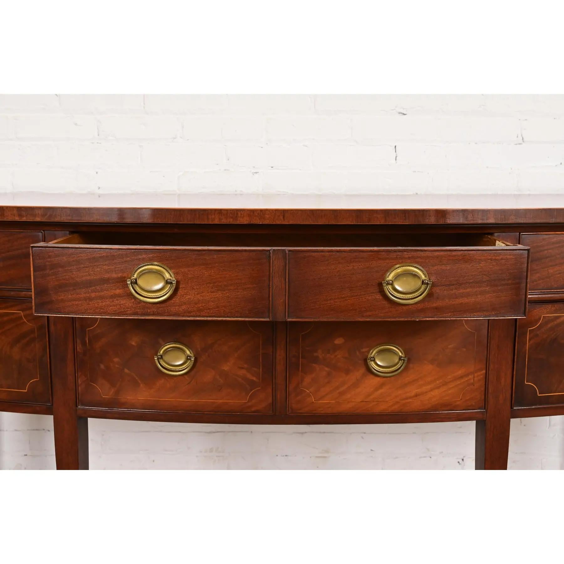Baker Furniture Style Federal Inlaid Flame Mahogany Bow Front Sideboard Credenza For Sale 2