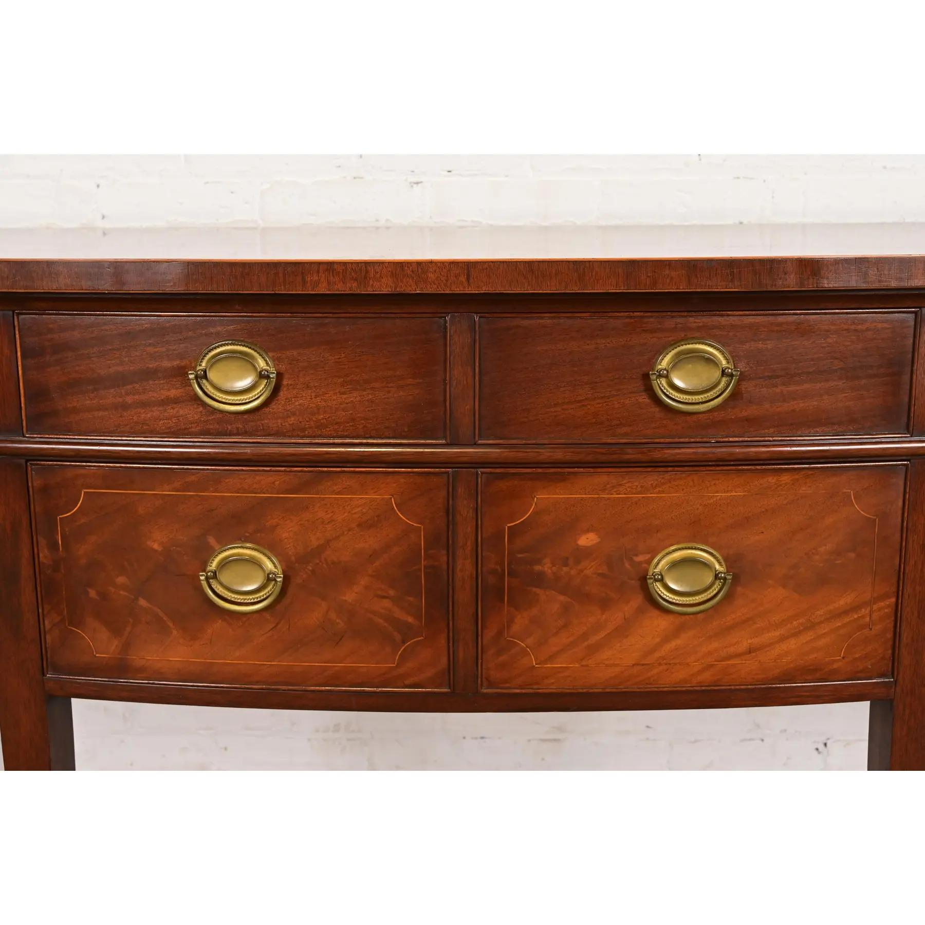 Baker Furniture Style Federal Inlaid Flame Mahogany Bow Front Sideboard Credenza For Sale 3