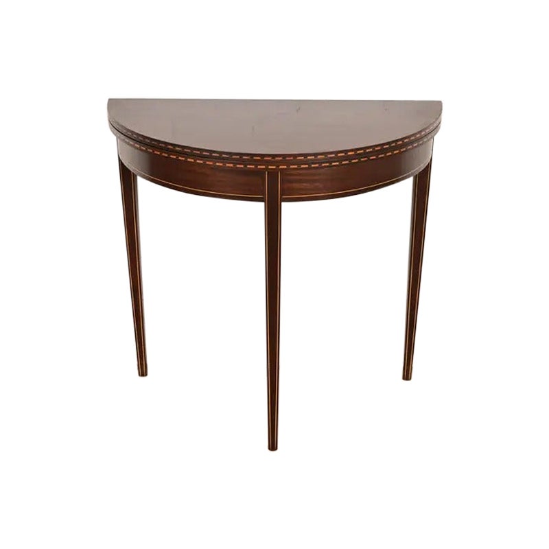 Baker Furniture Style Federal Inlaid Mahogany Flip Top Demilune Console Table For Sale