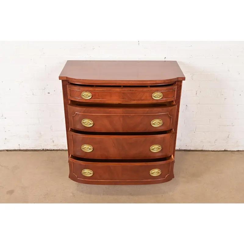 Brass Baker Furniture Style Federal Mahogany Bow Front Commode or Chest of Drawers For Sale