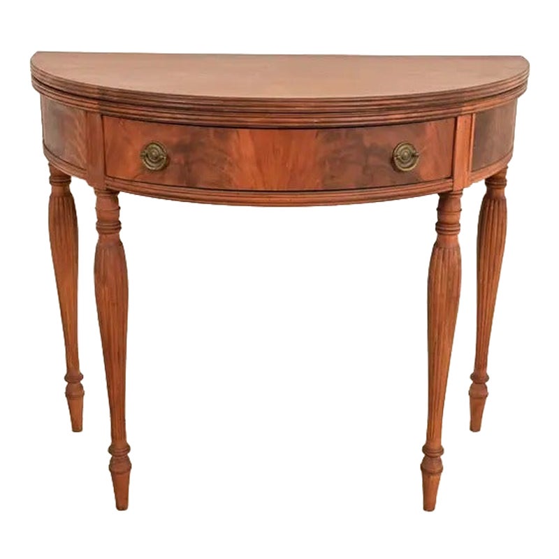 Baker Furniture Style Federal Mahogany Flip Top Demilune Console, Circa 1920s For Sale