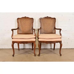 Baker Furniture Style French Provincial Louis XV Carved Walnut Armchairs, Pair