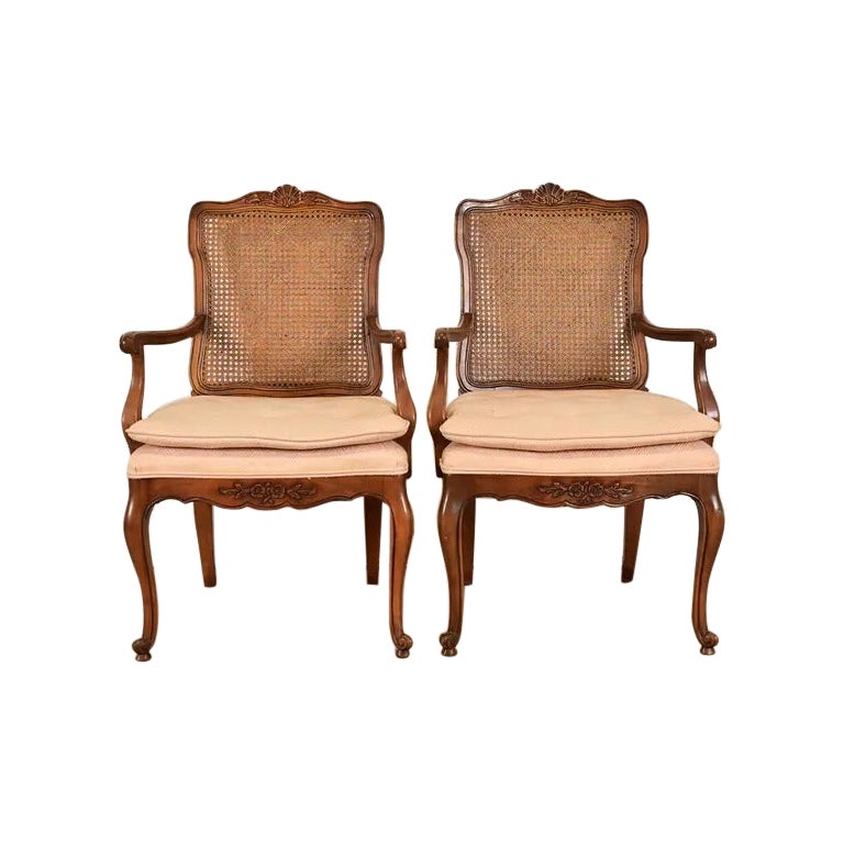 Baker Furniture Style French Provincial Louis XV Carved Walnut Armchairs, Pair