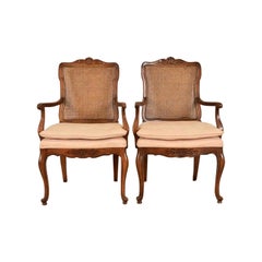 Baker Furniture Style French Provincial Louis XV Carved Walnut Armchairs, Pair