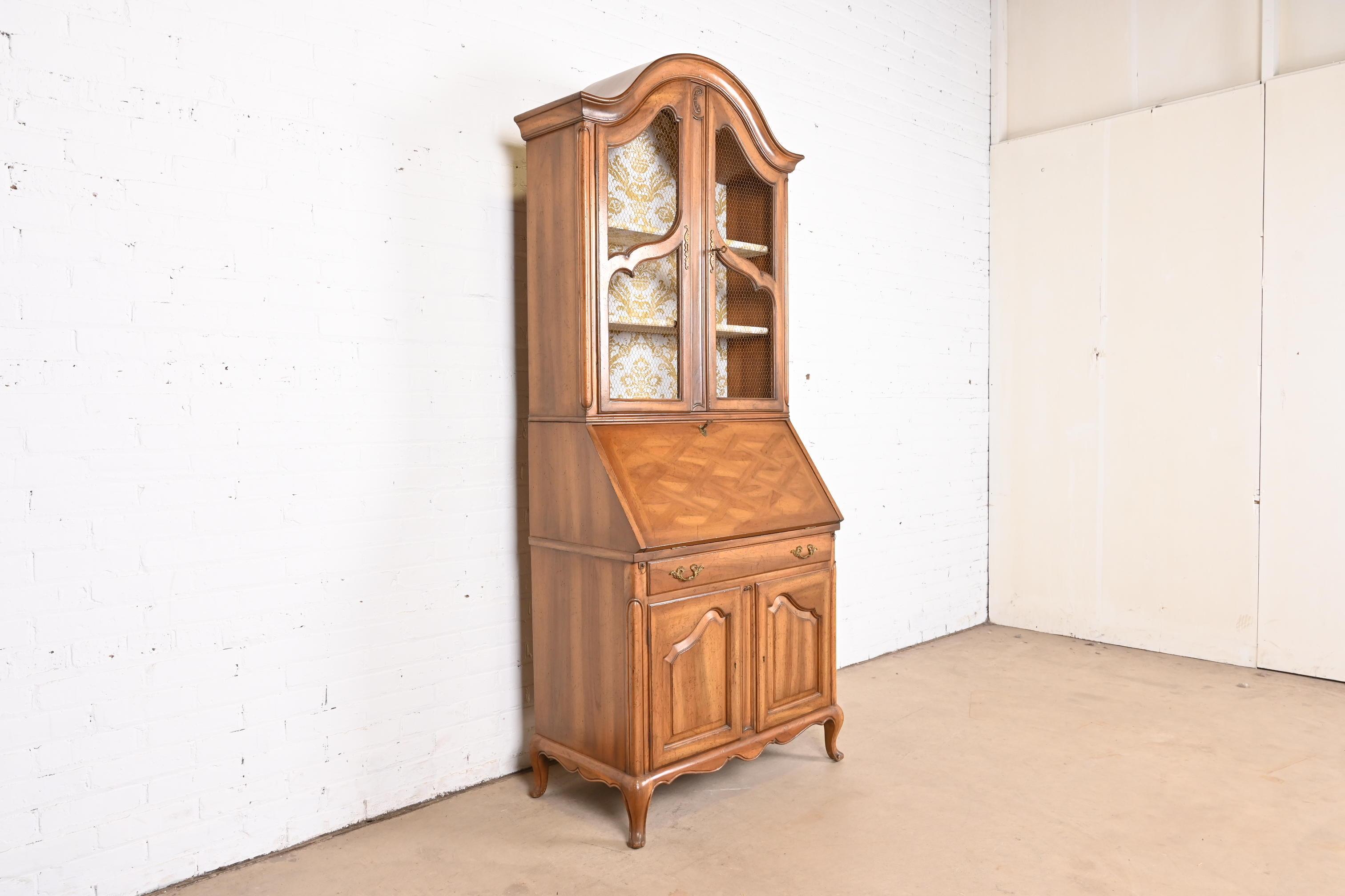 Baker Furniture Style French Provincial Louis XV Walnut Drop Front Secretary In Good Condition In South Bend, IN
