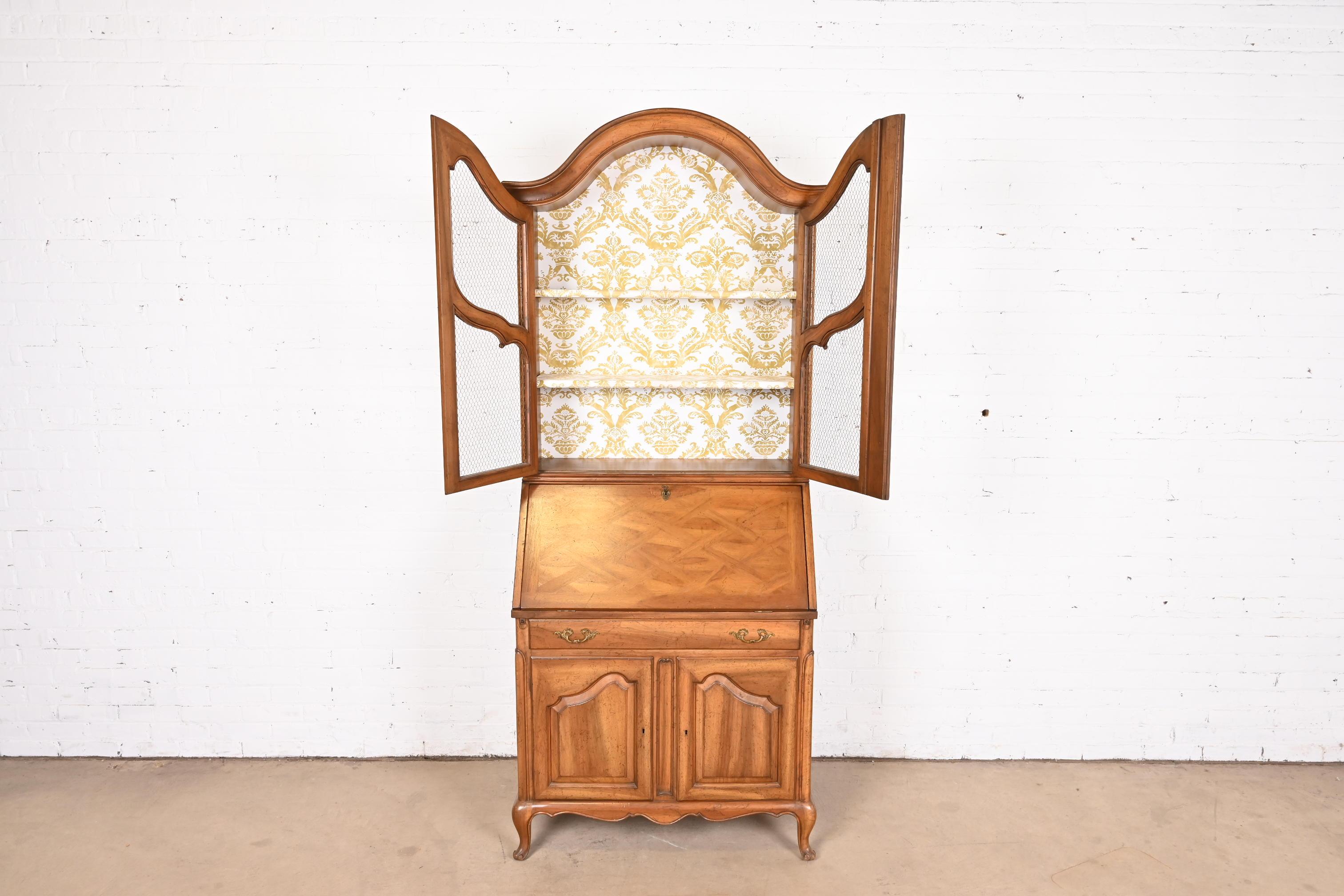 Brass Baker Furniture Style French Provincial Louis XV Walnut Drop Front Secretary  For Sale