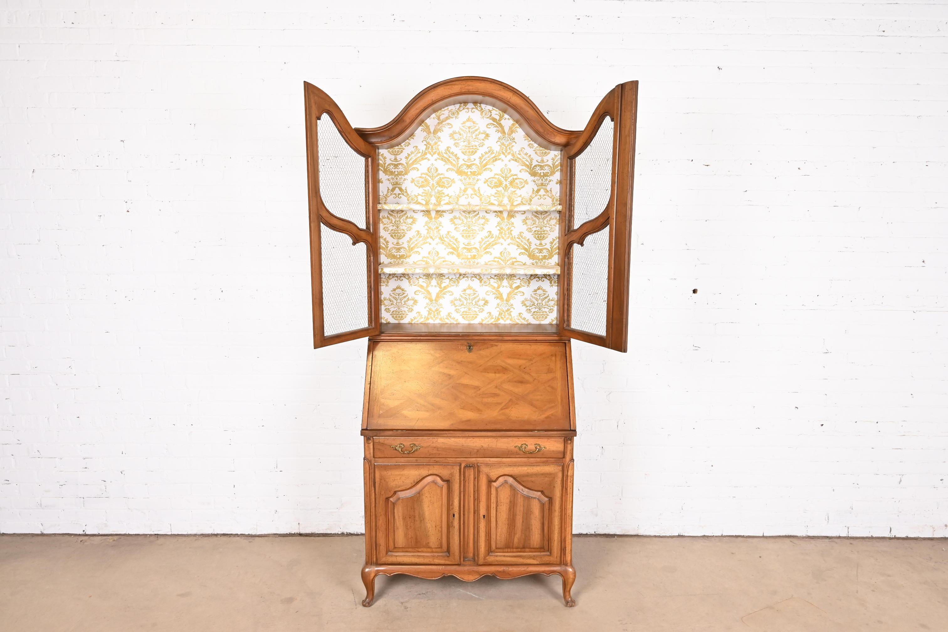 Brass Baker Furniture Style French Provincial Louis XV Walnut Drop Front Secretary
