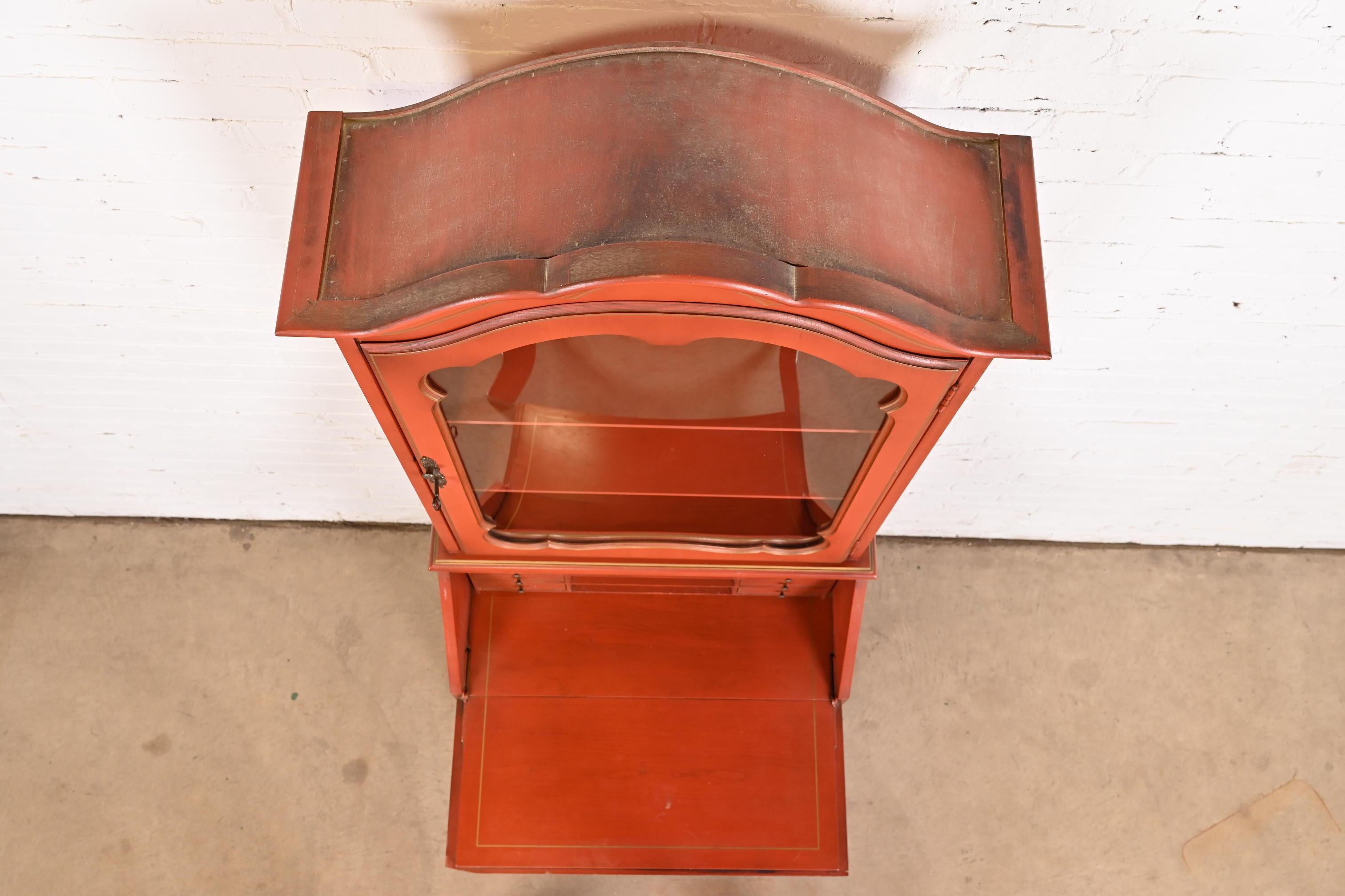 Baker Furniture Style French Provincial Red Lacquered Secretary Desk with Hutch For Sale 4