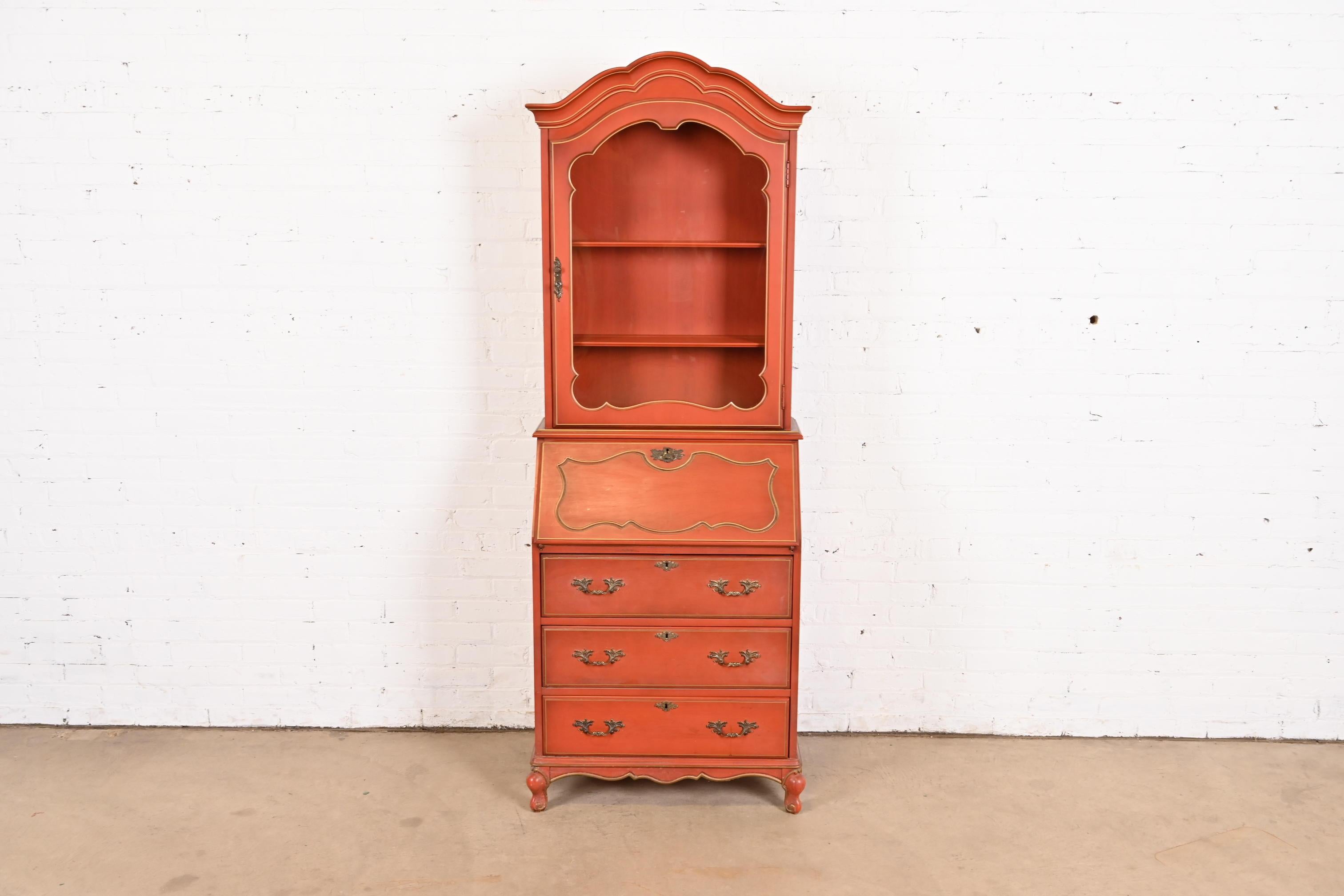 American Baker Furniture Style French Provincial Red Lacquered Secretary Desk with Hutch For Sale