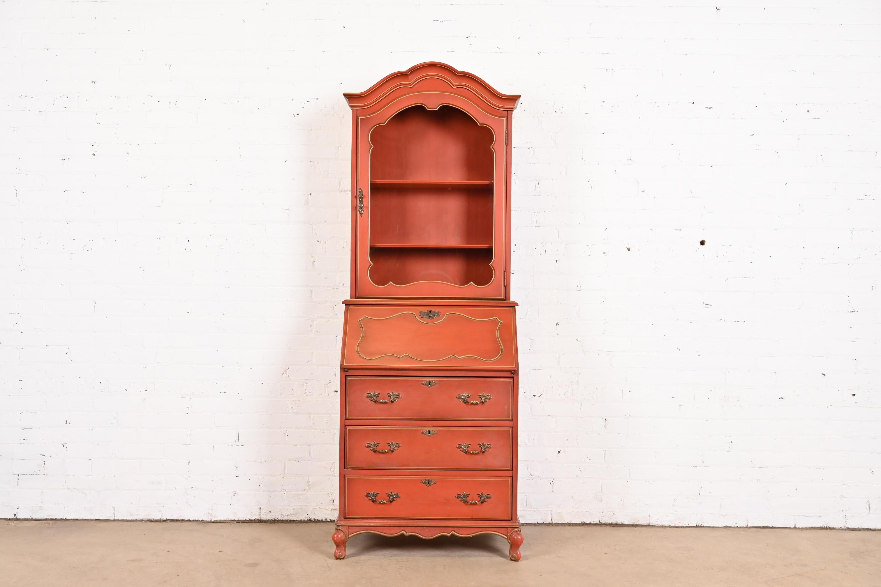 Baker Furniture Style French Provincial Red Lacquered Secretary Desk with Hutch In Good Condition For Sale In South Bend, IN