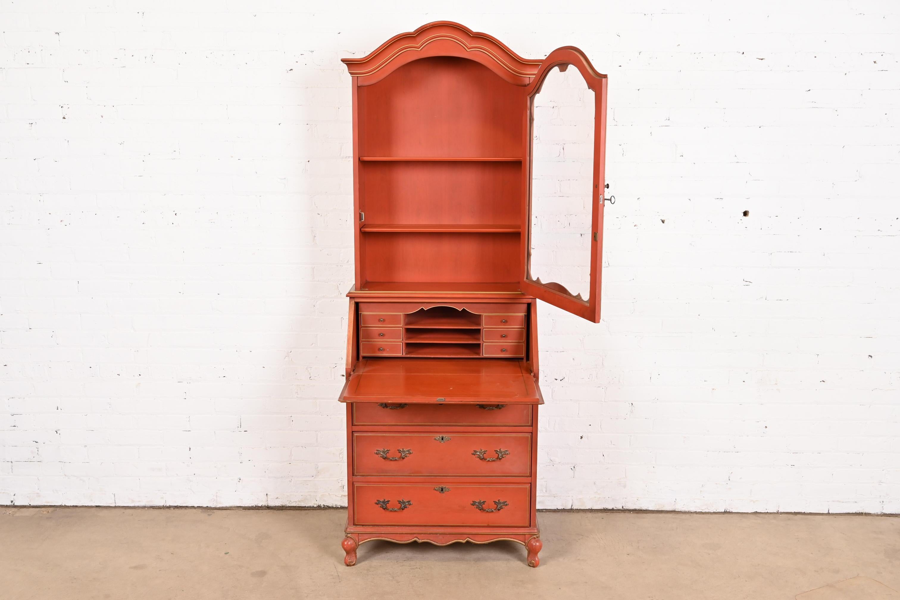 Late 20th Century Baker Furniture Style French Provincial Red Lacquered Secretary Desk with Hutch For Sale