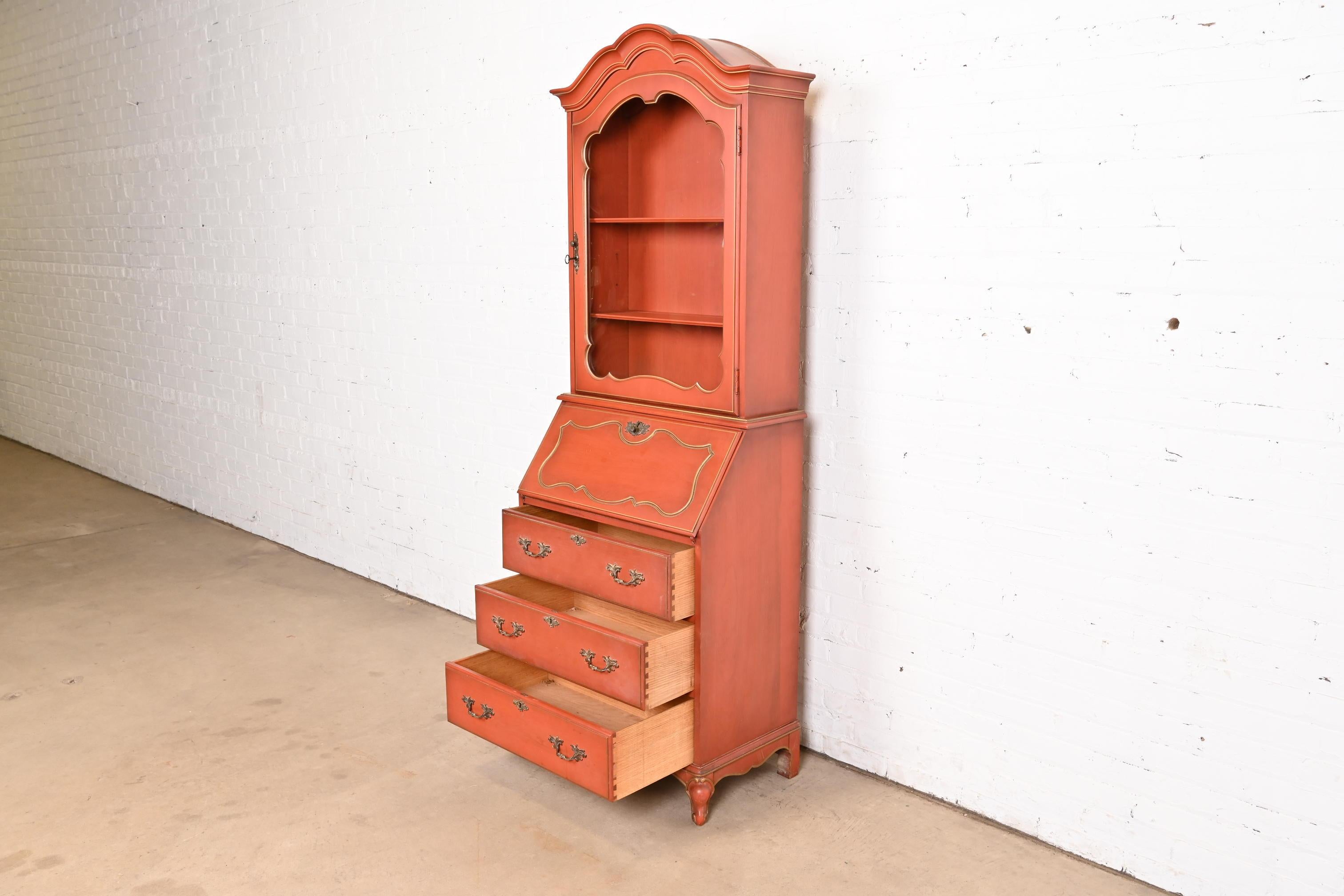 Brass Baker Furniture Style French Provincial Red Lacquered Secretary Desk with Hutch For Sale