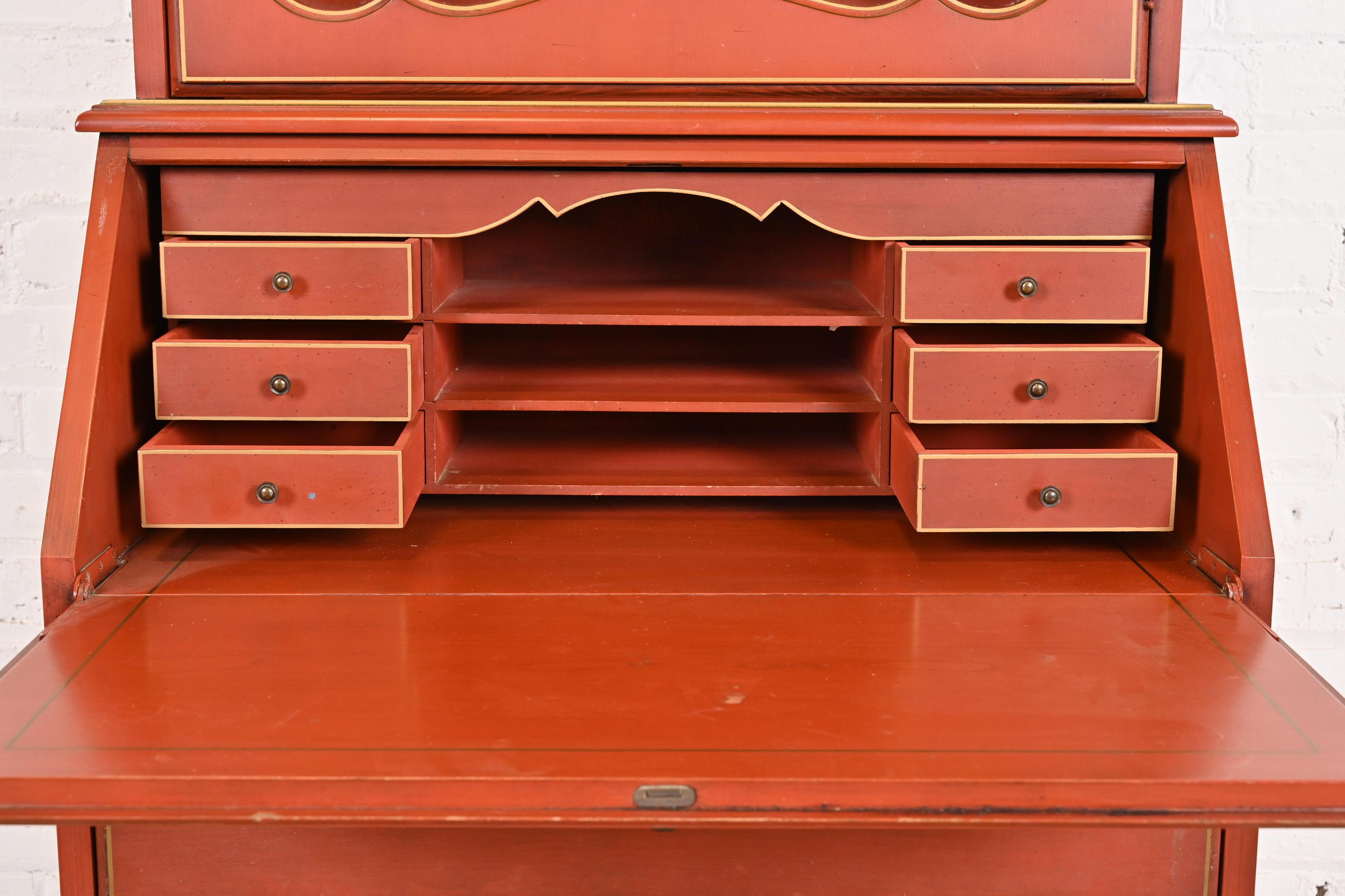 Baker Furniture Style French Provincial Red Lacquered Secretary Desk with Hutch For Sale 1