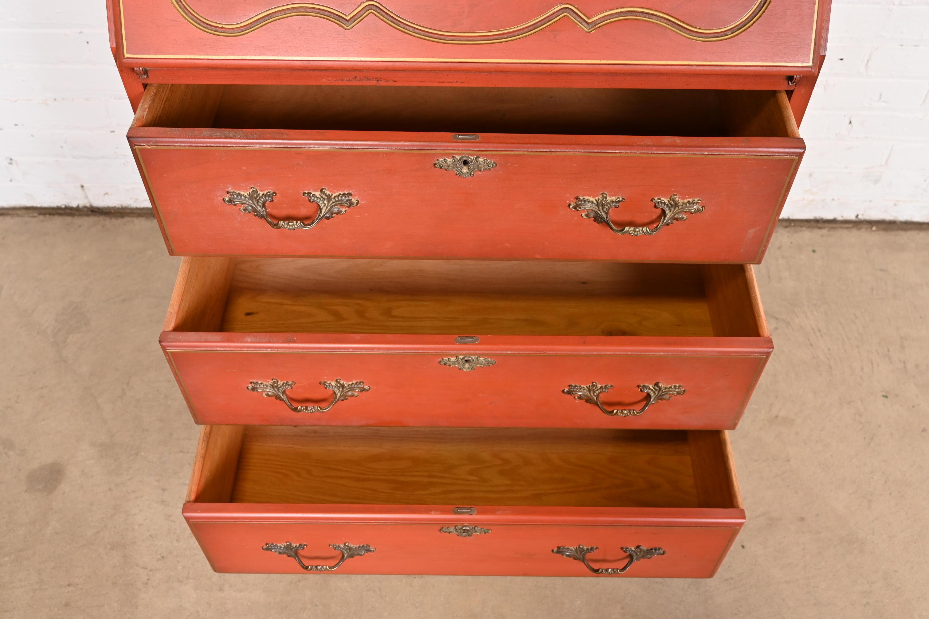 Baker Furniture Style French Provincial Red Lacquered Secretary Desk with Hutch For Sale 2