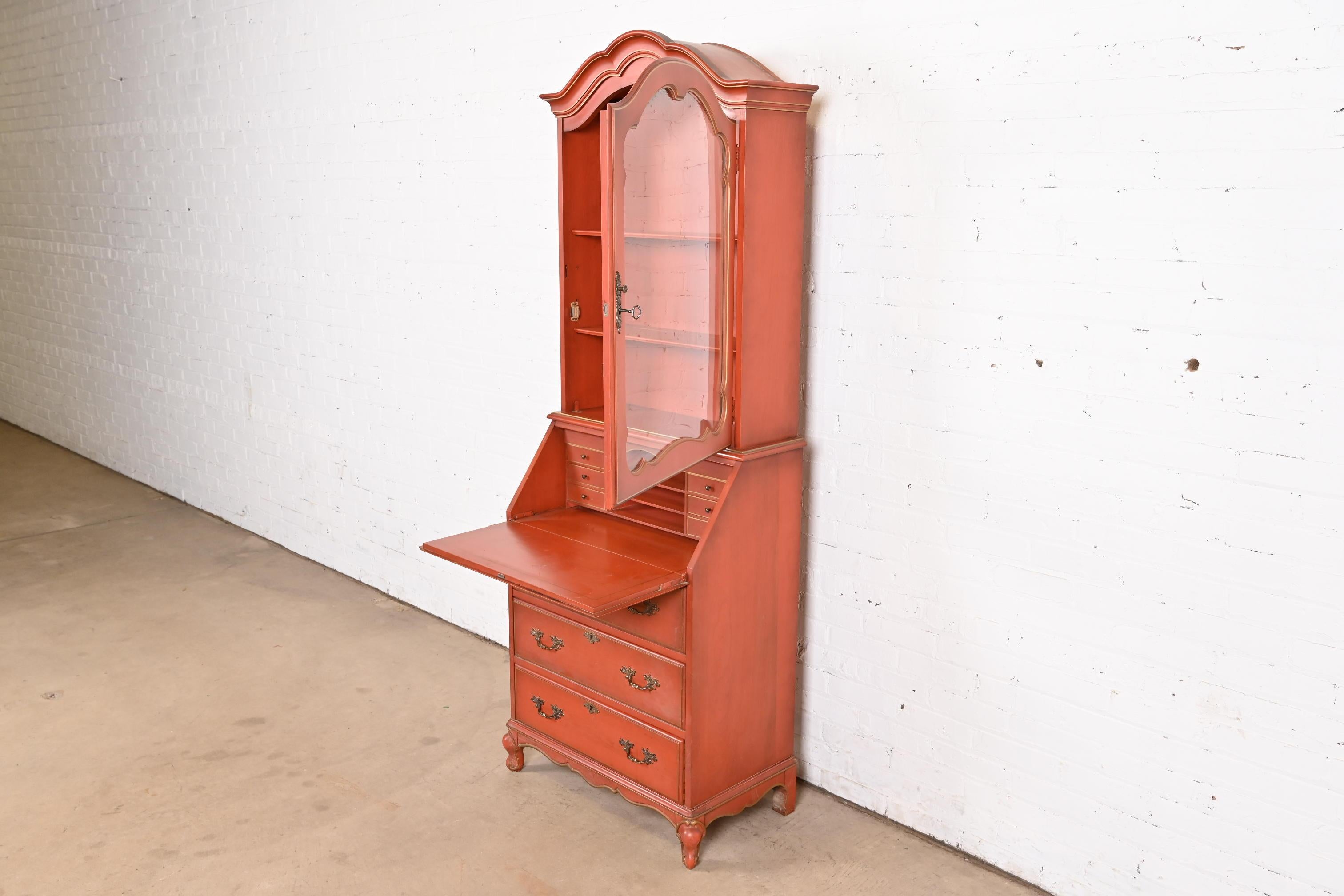 Baker Furniture Style French Provincial Red Lacquered Secretary Desk with Hutch For Sale 3