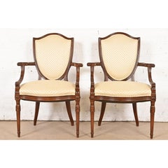 Baker Furniture Style French Regency Louis XVI Carved Walnut Armchairs, Pair