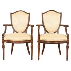 Baker Furniture Style French Regency Louis XVI Carved Walnut Armchairs, Pair
