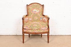Baker Furniture Style French Regency Louis XVI Carved Walnut Bergere Armchair