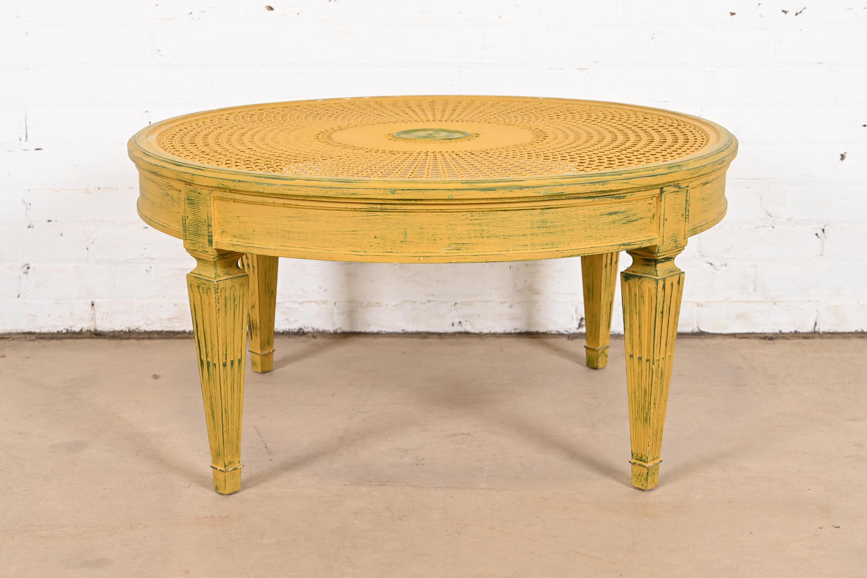 American Baker Furniture Style French Regency Louis XVI Painted Cane Coffee Table  For Sale