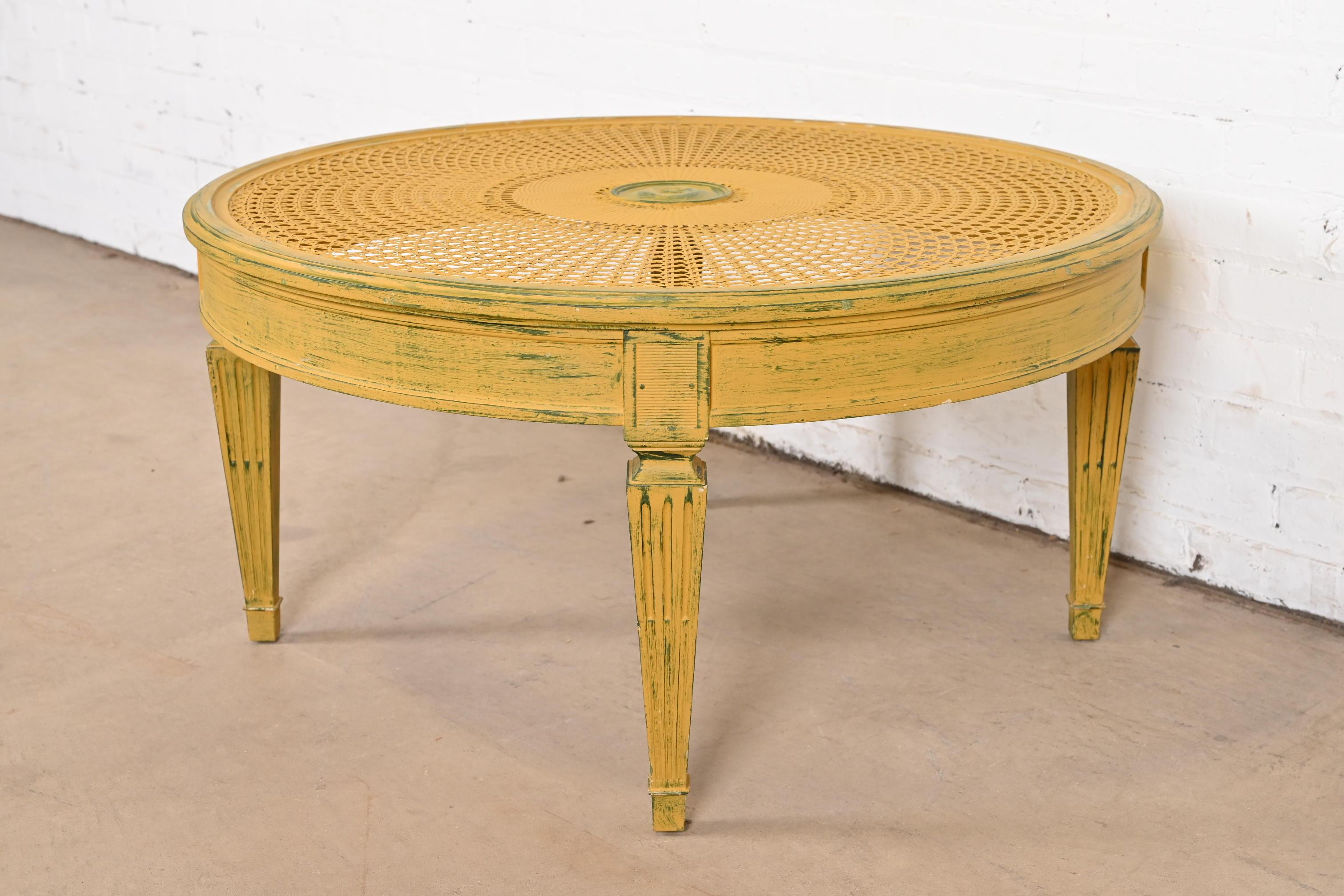 Mid-20th Century Baker Furniture Style French Regency Louis XVI Painted Cane Coffee Table  For Sale