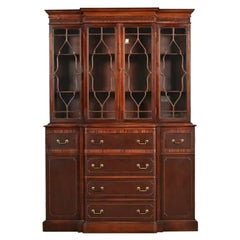 Baker Furniture Style Georgian Banded Mahogany Breakfront Bookcase Cabinet