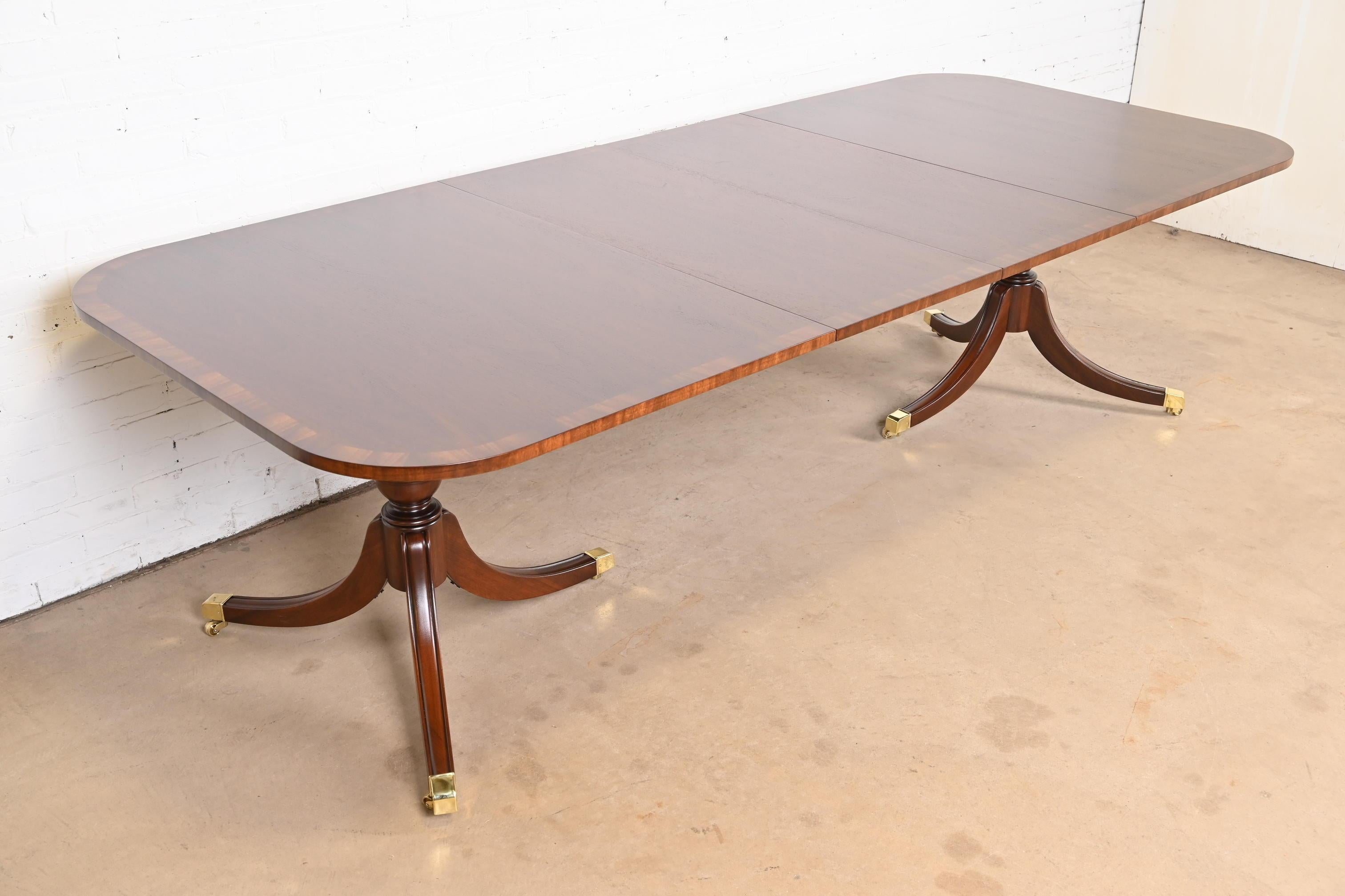 Brass Baker Furniture Style Georgian Banded Mahogany Double Pedestal Dining Table