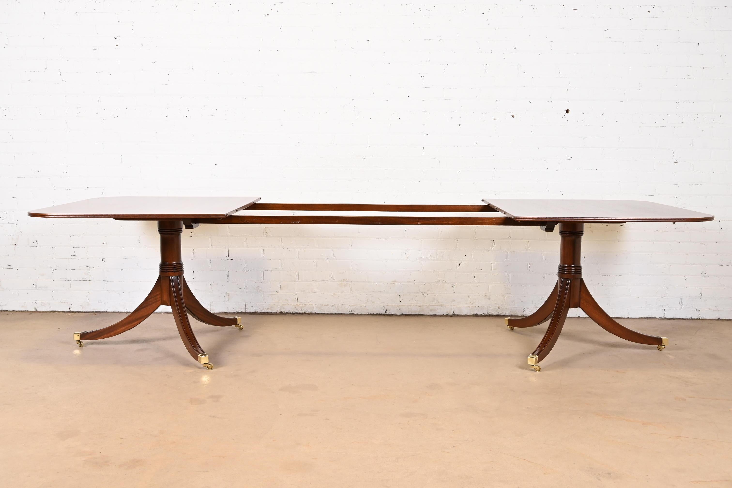 Brass Baker Furniture Style Georgian Banded Mahogany Double Pedestal Dining Table