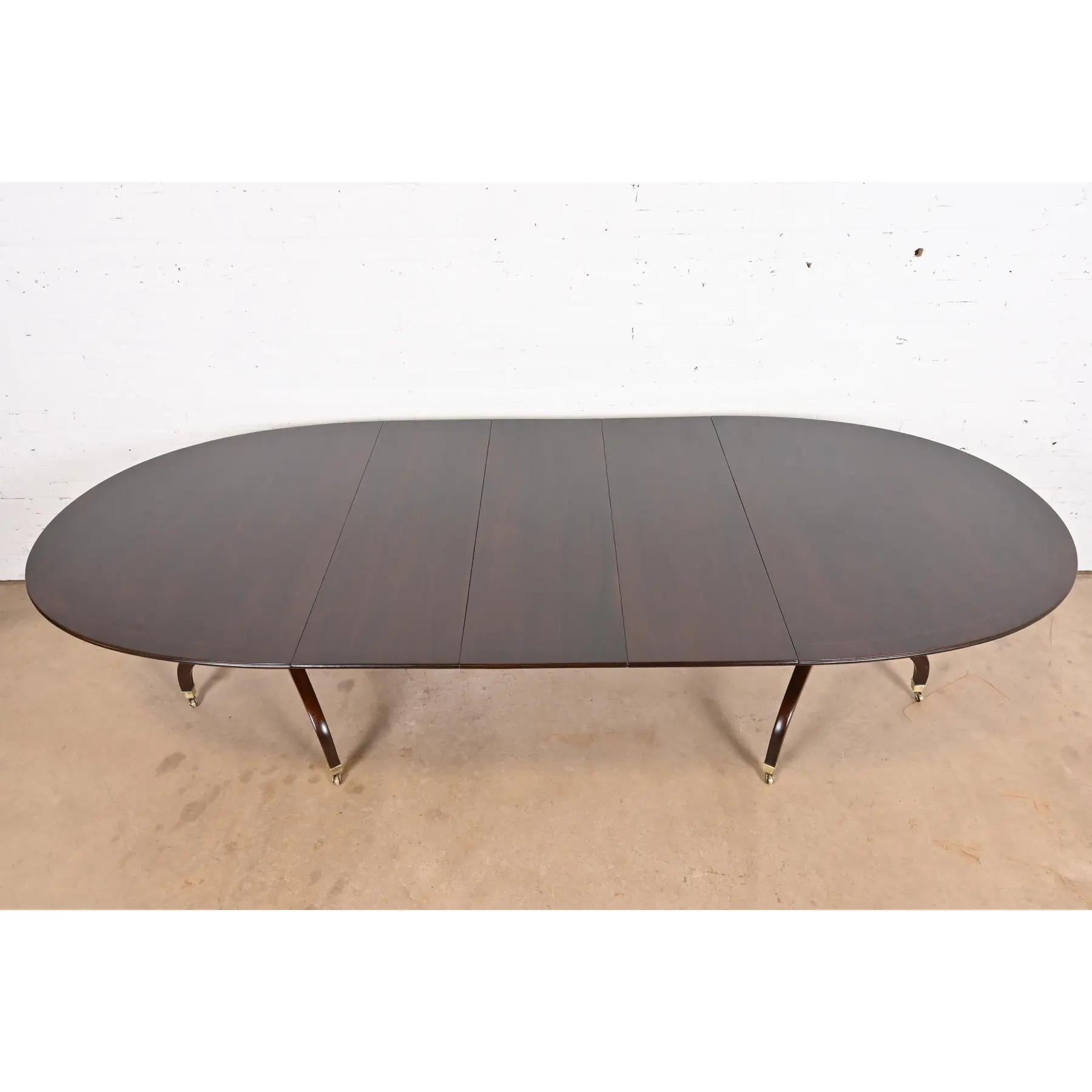 Baker Furniture Stil Georgianischer Esstisch aus Mahagoni mit doppeltem Sockel aus gebändertem Mahagoni (Messing) im Angebot