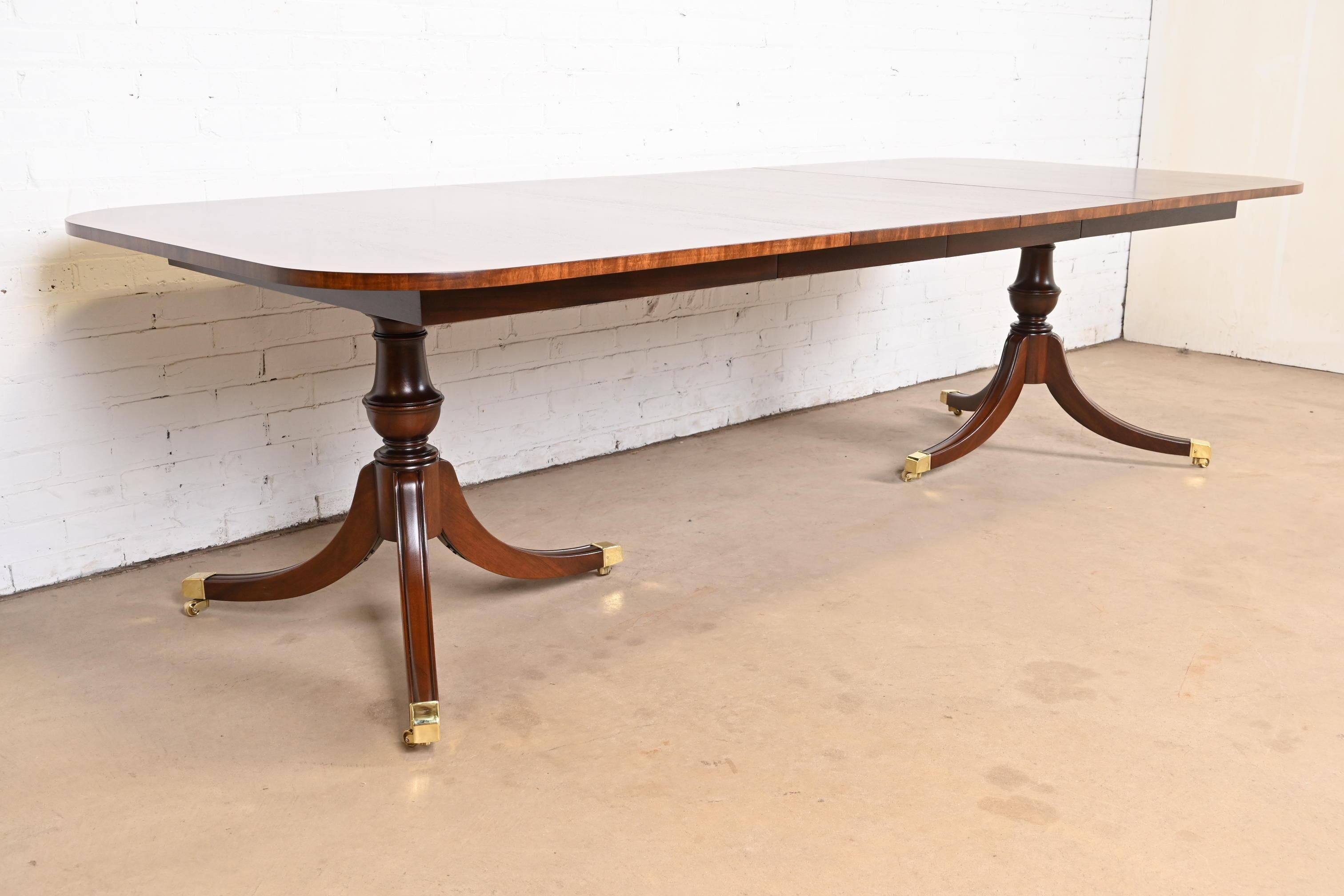 Baker Furniture Style Georgian Banded Mahogany Double Pedestal Dining Table 1