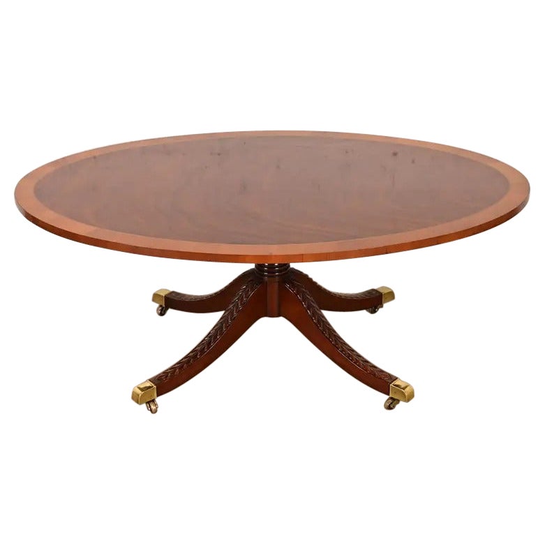 Baker Furniture Style Georgian Banded Mahogany Pedestal Coffee Table
