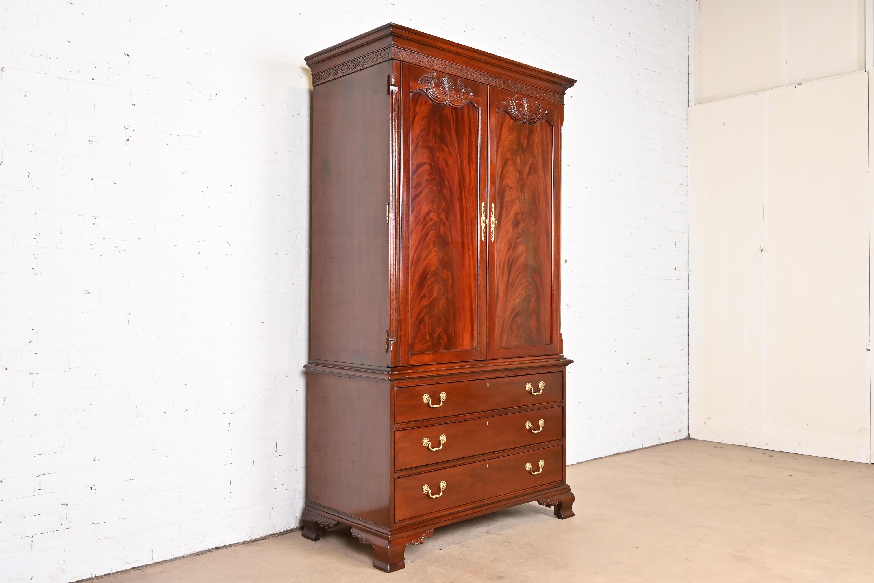 20th Century Baker Furniture Style Georgian Carved Flame Mahogany Armoire Dresser For Sale