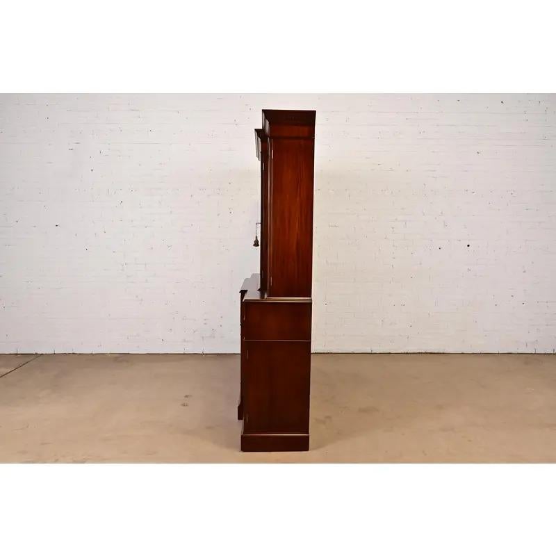 Baker Furniture Style Georgian Carved Flame Mahogany Breakfront Bookcase Cabinet For Sale 7