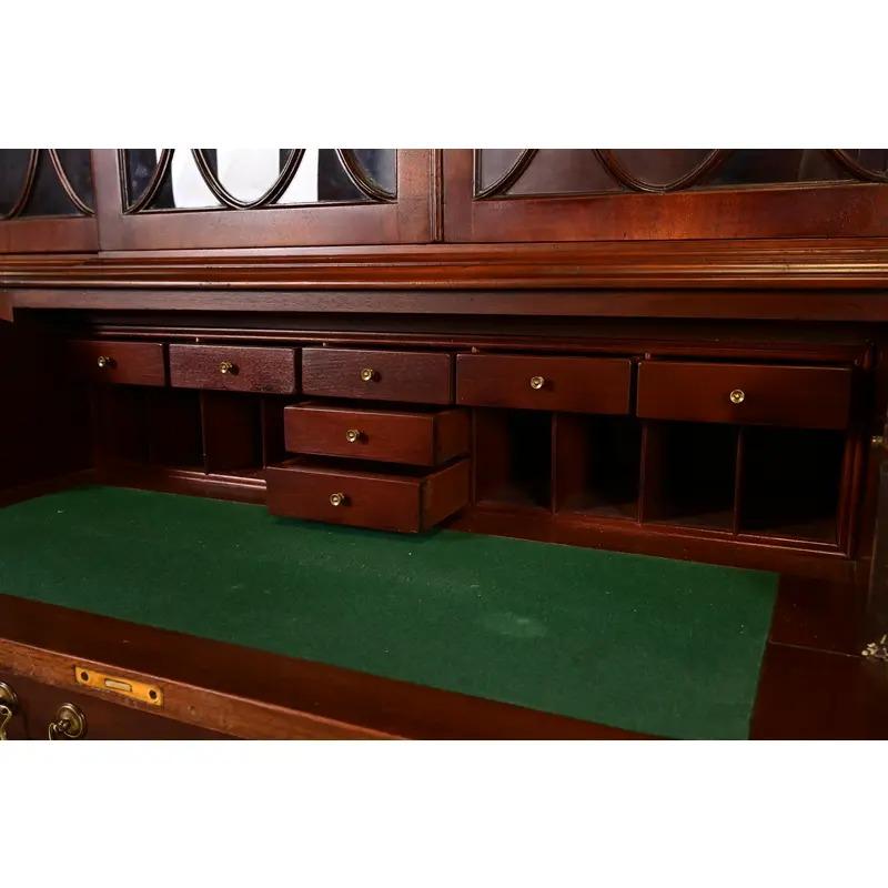 Baker Furniture Style Georgian Carved Flame Mahogany Breakfront Bookcase Cabinet For Sale 4