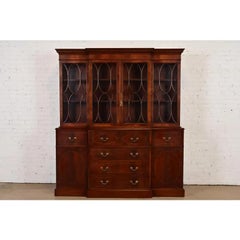 Baker Furniture Style Georgian Carved Flame Mahogany Breakfront Bookcase Cabinet