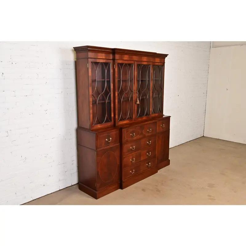 Late 20th Century Baker Furniture Style Georgian Carved Flame Mahogany Breakfront Bookcase Cabinet For Sale