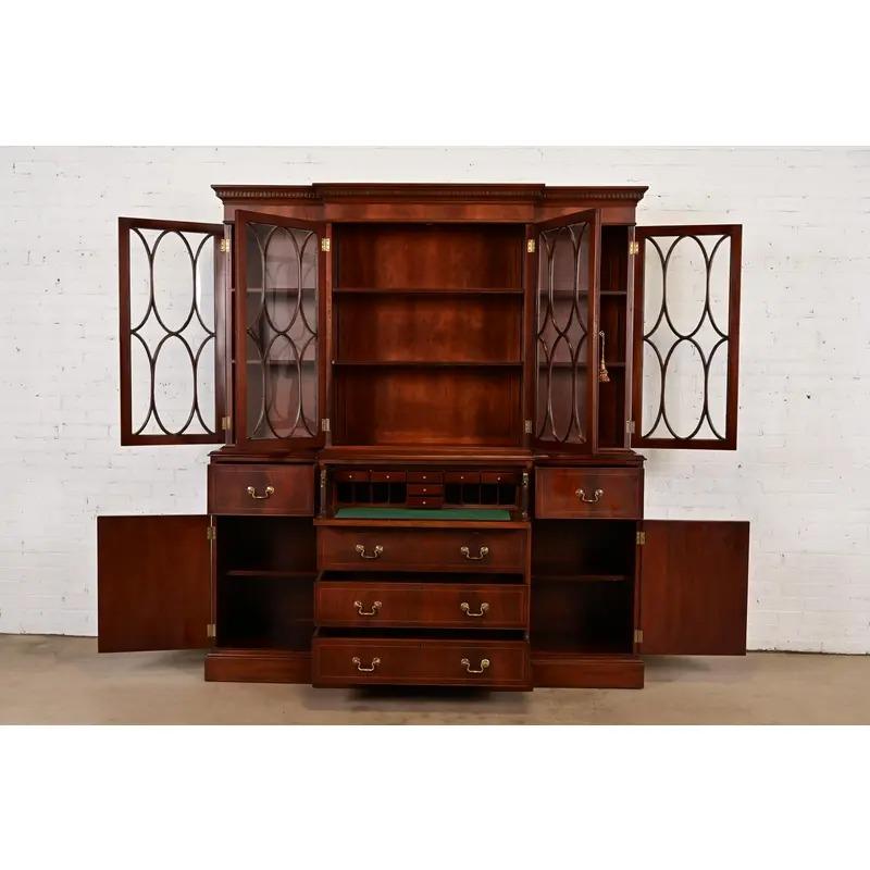Brass Baker Furniture Style Georgian Carved Flame Mahogany Breakfront Bookcase Cabinet For Sale