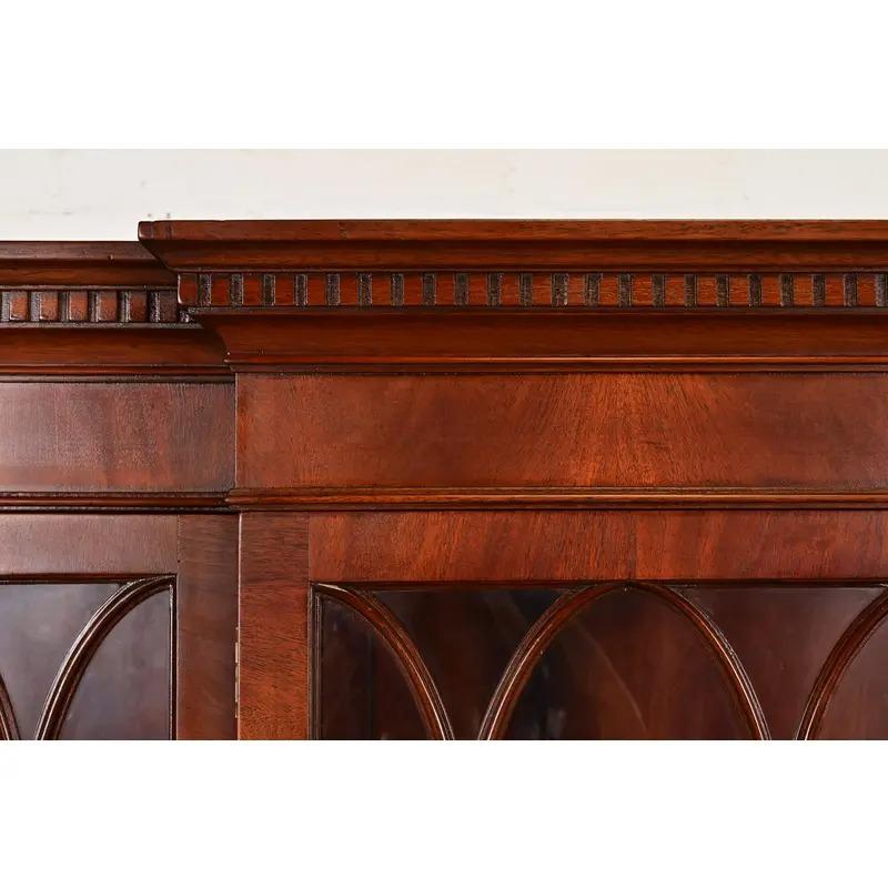 Baker Furniture Style Georgian Carved Flame Mahogany Breakfront Bookcase Cabinet For Sale 2