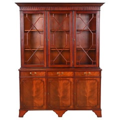 Baker Furniture Style Georgian Carved Flame Mahogany Breakfront Bookcase Cabinet