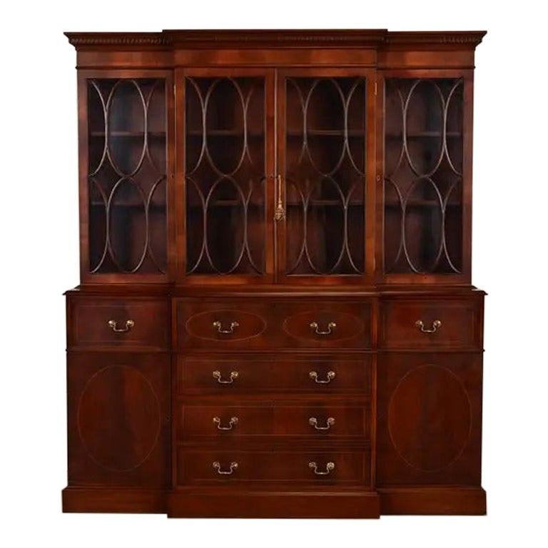 Baker Furniture Style Georgian Carved Flame Mahogany Breakfront Bookcase Cabinet For Sale