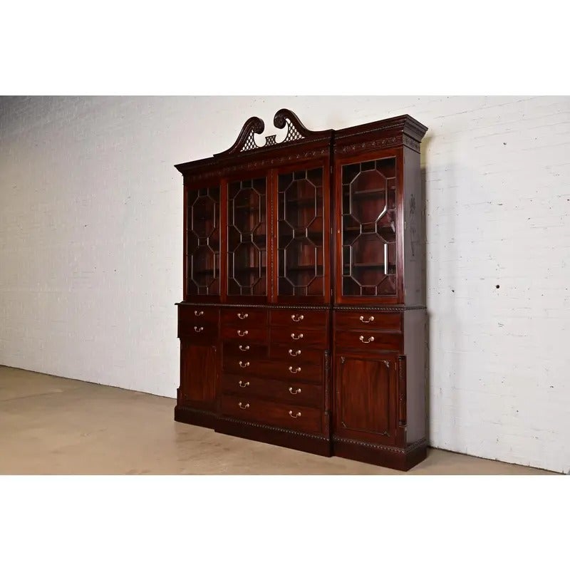 Baker Furniture Style Georgian Carved Mahogany Breakfront Bookcase Cabinet