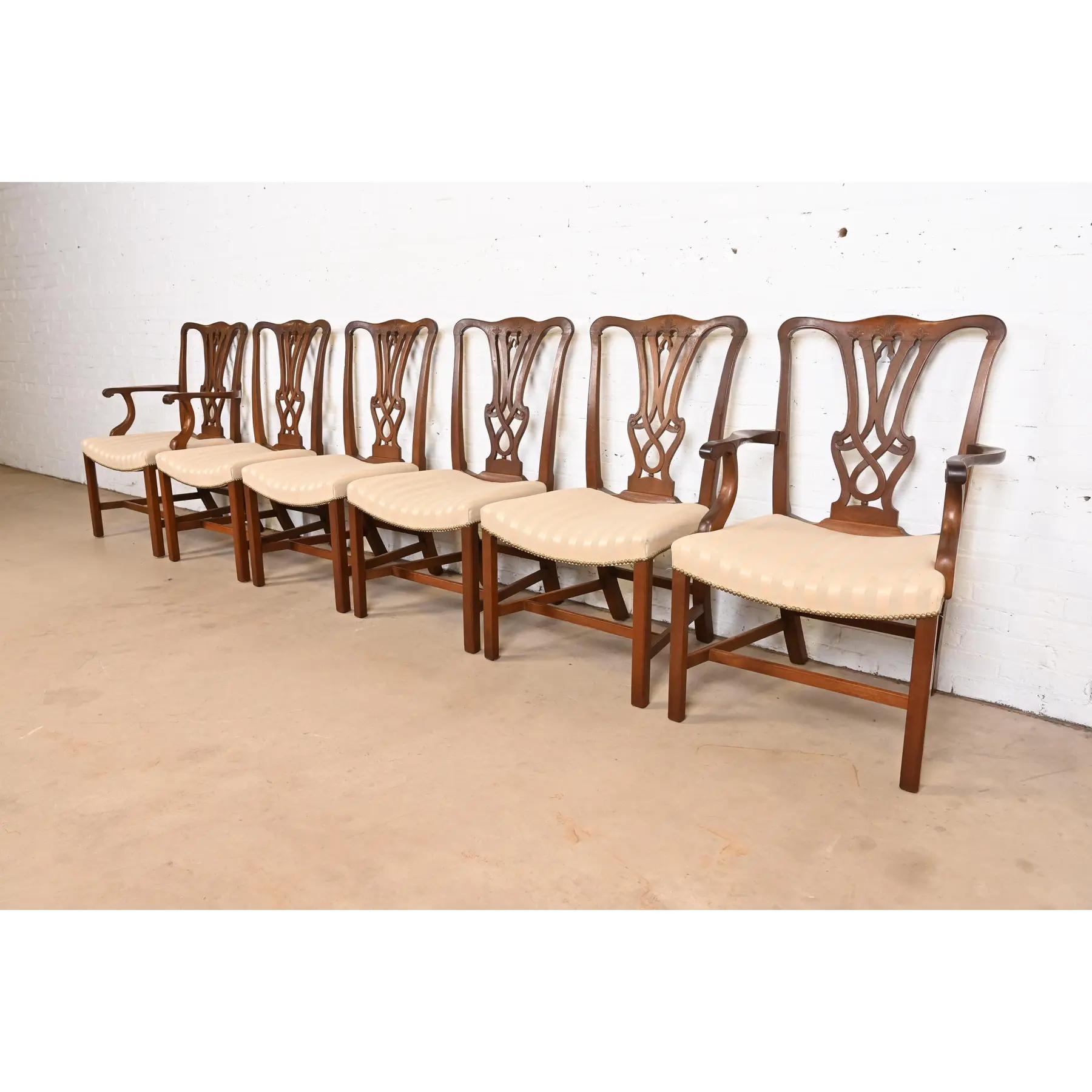 Un magnifique ensemble de six chaises de salle à manger de style géorgien ou Chippendale

À la manière des meubles Baker

USA, Circa 1980

Acajou sculpté, sièges rembourrés et cloutés de laiton.

Mesures :
Chaises d'appoint : 22,75 