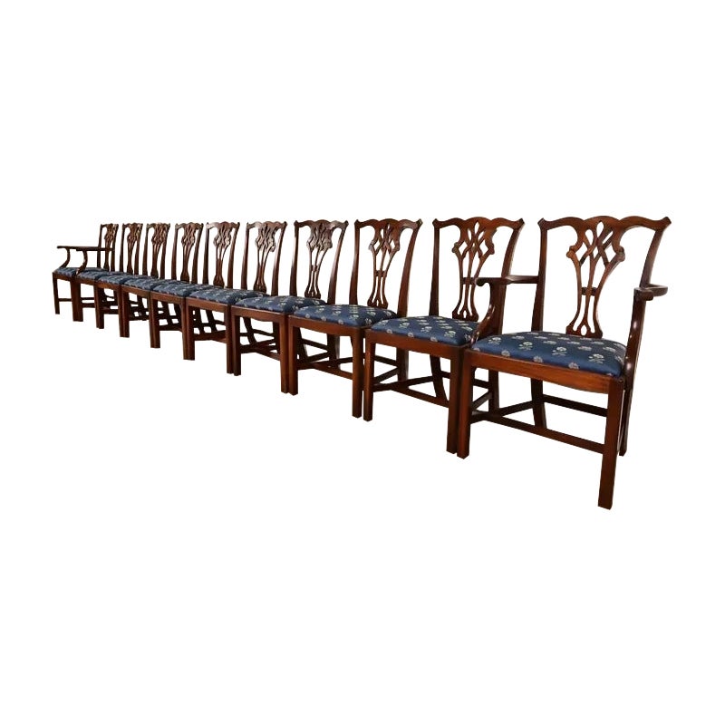 Baker Furniture Style Georgian Carved Mahogany Dining Chairs, Set of Ten For Sale