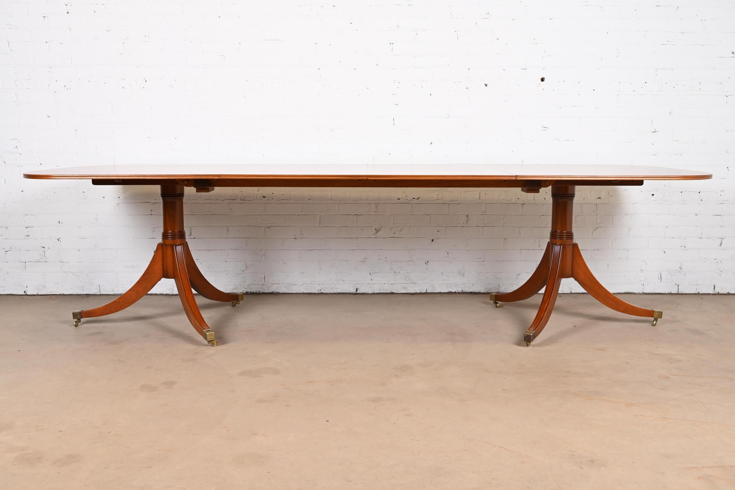 Late 20th Century Baker Furniture Style Georgian Cherry Double Pedestal Dining Table, Refinished For Sale