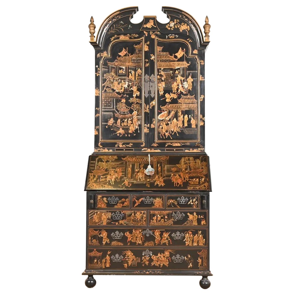 Baker Furniture Style Georgian Chinoiserie Black Lacquered Secretary Desk