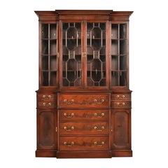 Baker Furniture Style Georgian Flame Mahogany Breakfront Bookcase Cabinet