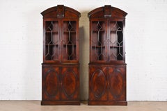 Baker Furniture Style Georgian Flame Mahogany Breakfront Bookcase Cabinets, Pair