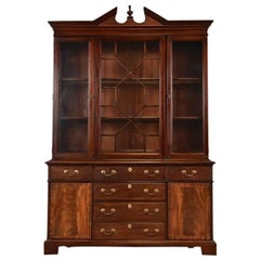 Baker Furniture Style Georgian Flame Mahogany Lighted Breakfront Bookcase