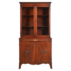 Baker Furniture Style Georgian Inlaid Flame Mahogany Breakfront Bookcase Cabinet