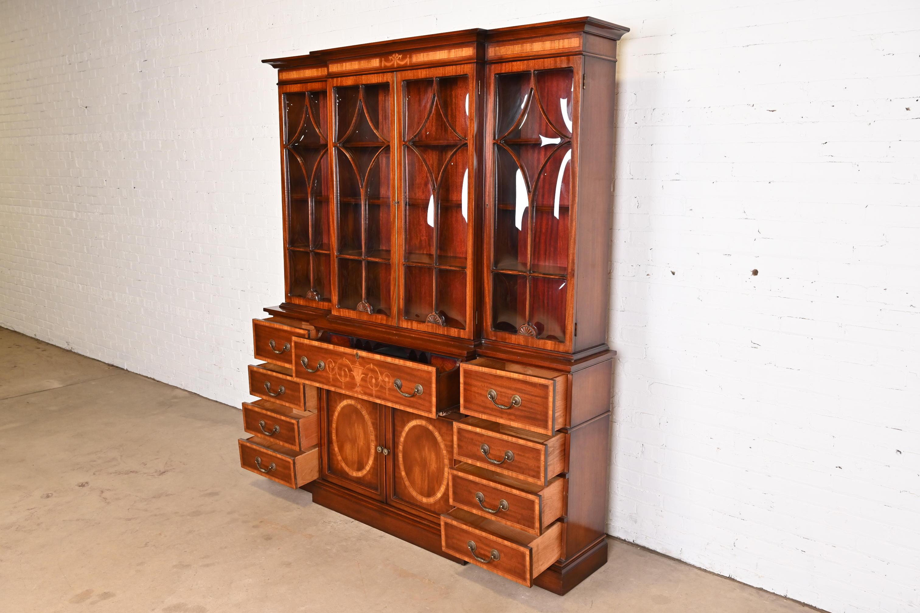 Baker Furniture Style Georgian Inlaid Mahogany Bubble Glass Breakfront Bookcase  1