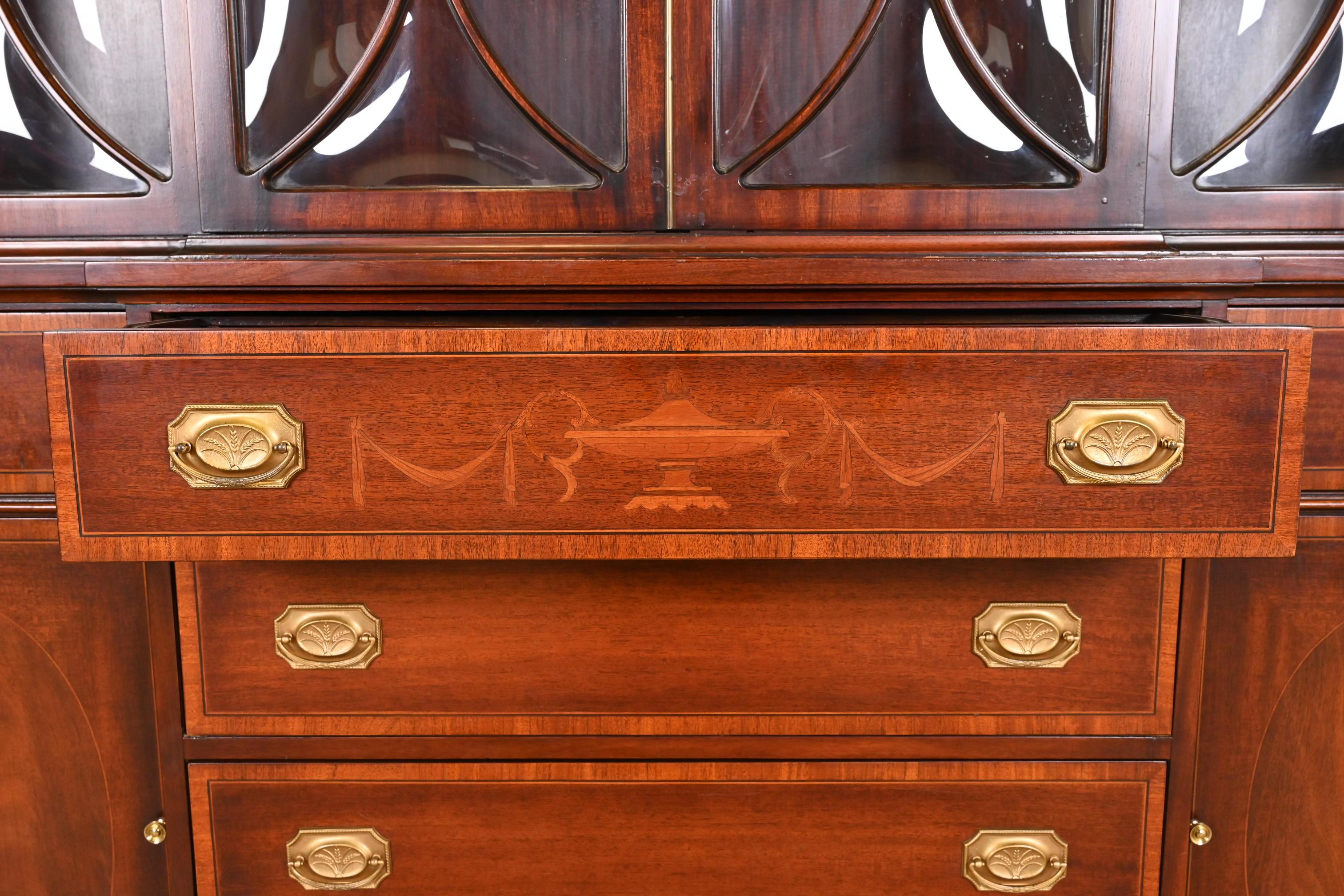 Baker Furniture Style Georgian Inlaid Mahogany Bubble Glass Breakfront Bookcase 4